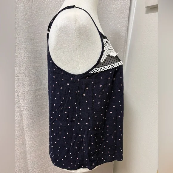 E & M Navy Blue Polka Dot Lace Trim Top Size Small Boho Embroidered Festival - Picture 5 of 12